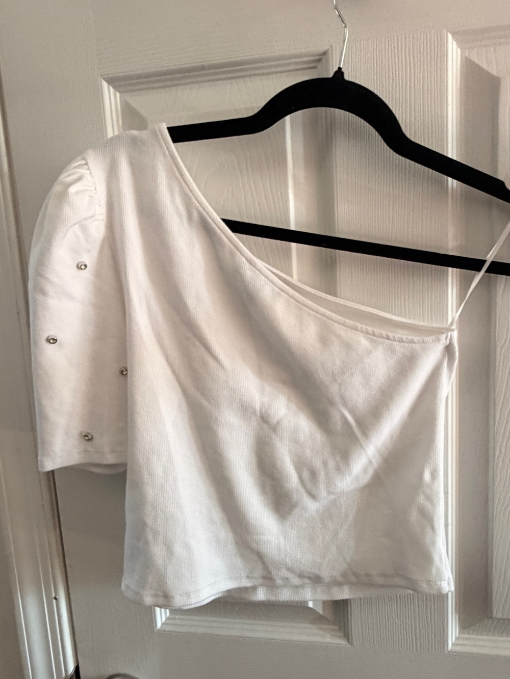 Express White Rhinestone Ribbed One Shoulder Puff Sleeve Top M - Picture 2 of 6